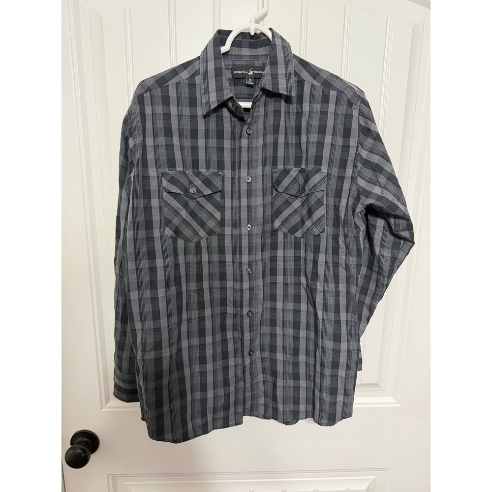 Beverly Hills Polo Club Button Down Mens M Grey Black Plaid Long Sleeve EUC